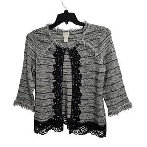 Chicos Tweed Lace and Fringe Cardigan. 3/4 Sleeves. Size M